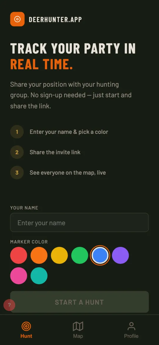Deerhunter start screen — create or join a hunt