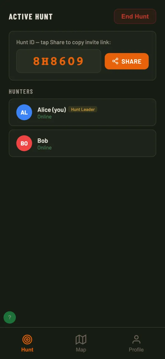 Deerhunter hunt screen — hunt code and hunters online